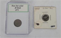 1858 & 1874 U. S. 3 Cent Nickel Coins