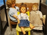 3 Vintage Plastic Dolls with Chair & Bench