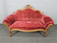 Victorian Style Velvet Settee W Wood Accents