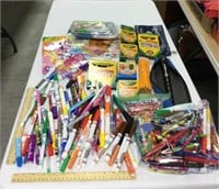 Lot of markers, crayons, & pencils w/ a recorder