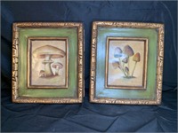 2 Vintage Framed Ceramic Mushroom Wall Hangings