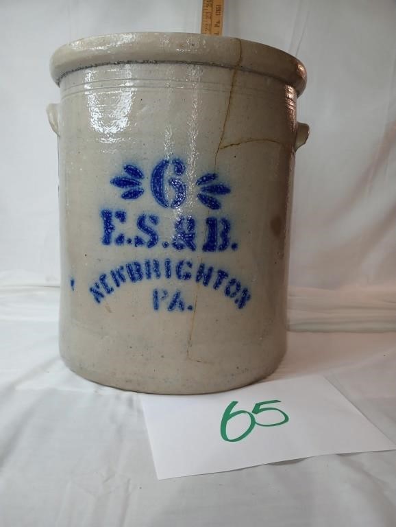 E. S. & B SALT GLAZED 6 GALLON CROCK.