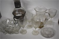 Vintage Etched Glass Pitcher, Glasses, Coffee Urn