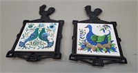 2 Enesco Hand-Painted Tile Trivets with Cast Iron
