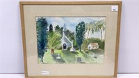 Original water color of church by cemetery,