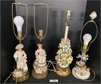 4 French Courtier, Coquette Style Table Lamps.