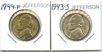 2 Jefferson WWII Nickels - 1944-D & 1943-S, 35%