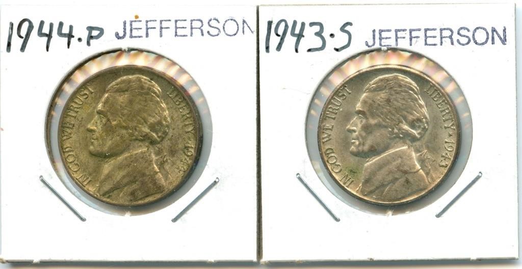 2 Jefferson WWII Nickels - 1944-D & 1943-S, 35%