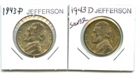 2 Jefferson WWII Nickels - 1943-P & 1943-D, 35%