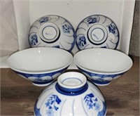 FIVE BLUE AND WHITE BOWLS MADE IN JAPAN