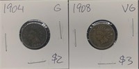 Pair of Antique Indian Head Penny coins graded G