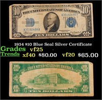 1934 $10 Blue Seal Silver Certificate Grades vf+