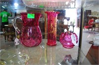 3 Cranberry Pcs Incl Pitcher, Vase & Ruffle Top Bo