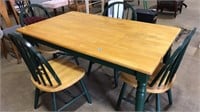 PINE & GREEN PAINTED DINING TABLE & 4 CHAIRS