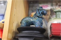 POTTERY DOG AND CERAMIC STAND