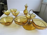 Amber Glass 3 Sherbets, 4 Bowls, Caddy with Amber