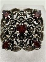 Sterling Silver Garnet & Marcasite Cocktail Ring