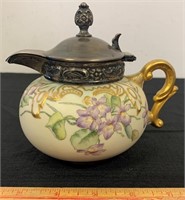 STUNNING 1800’S HAND PAINTED TEAPOT W SILVER TOP