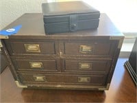 VTG BROWN WOOD JEWELRY BOX RED LINING