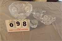 Clear Glass Bowl, Cups, Candle Holder