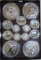 13 Silver Plated Medallions: Kennedy, Morgan (copi