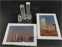 Lot of 3: 2 WTC postcards and a frosted glass disp