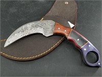 Damascus bladed Karambit with wood scales and lea"