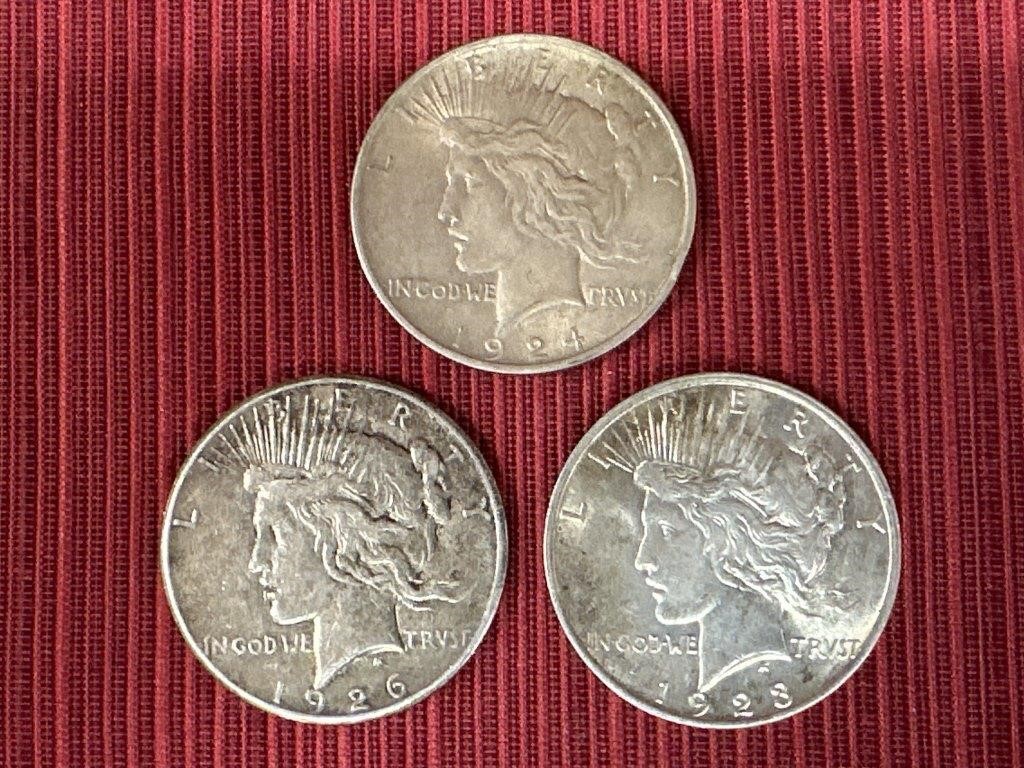 3 Silver Peace Dollars, 1924, 1926, and 1928