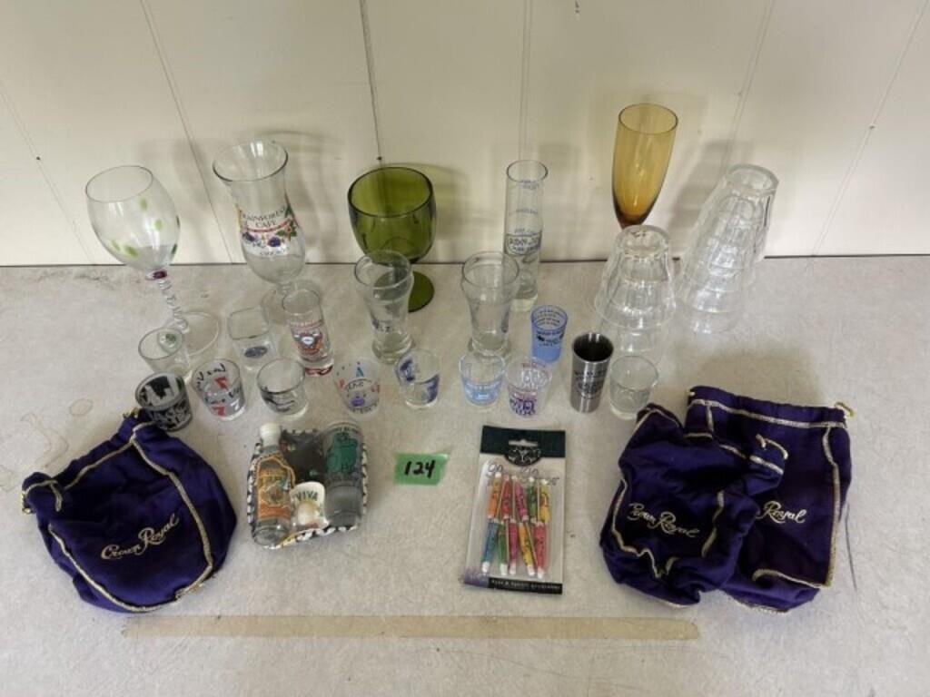 Assorted Glasses, Shot Glasses, Crown Royal Bags