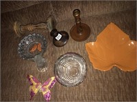 Misc decor candle sticks, leaf plate, other