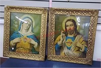 Vtg Sacred Heart Jesus & Mary framed artwork 25x20