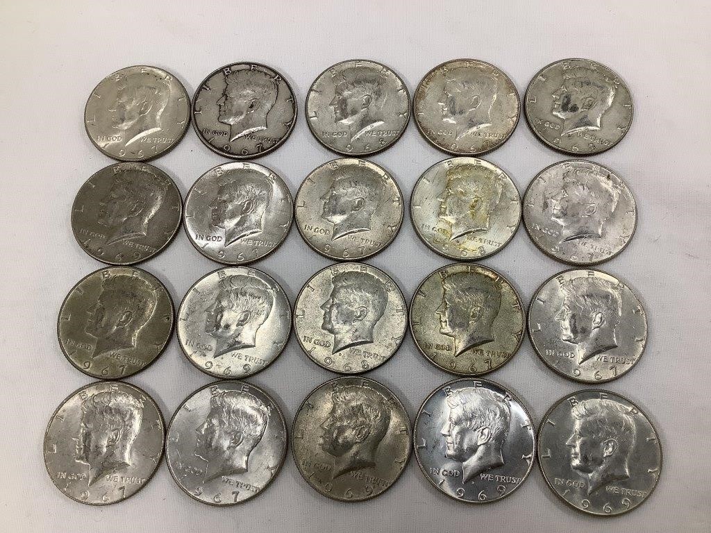 (20) 40% Silver Kennedy Half Dollars, 1967-69