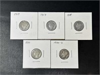 Mercury Dimes 1917-20 (5 coins)