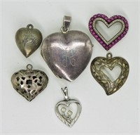 6 Sterling Heart Shaped Pendants, Some with