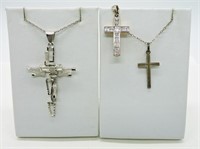 3 Sterling Cross Pendants & 2 Chains