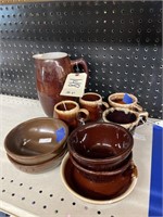 10 pcs-Brown Stoneware Pitcher Cups & Bowls