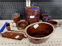 9 pcs-Hull Pottery Dish & Brown Stoneware Cups