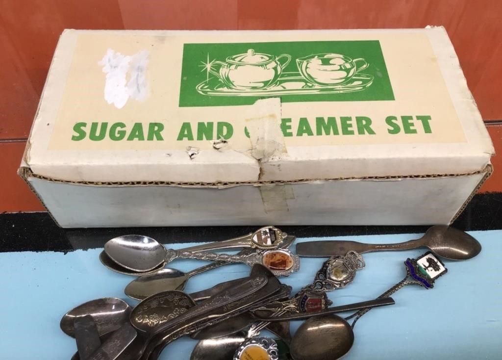 Vtg. chrome cream & sugar set, souvenir spoons