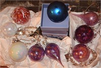 (8) Blown Glass Ornaments + Radko Blue Star