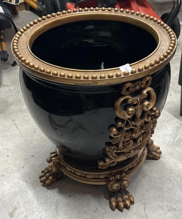 Asian Style Flower Pot With Brass Style Accents ,