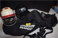 Sports Bag w/Two Helmets & Baseball