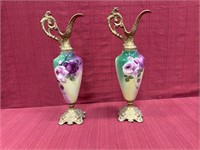 Pair of Victorian Ewer Pitcher Porcelain Roses