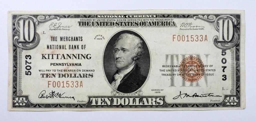 1929 $10 NATIONAL CURRENCY KITTANNING