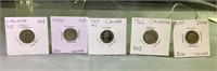 Five assorted Canadian 80% silver dimes