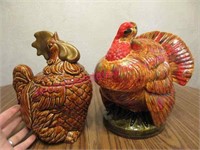 vintage rooster & turkey cookie jars