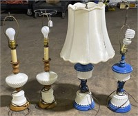 (E) 4 Milk Glass and Wood Table Lamps 31” tall