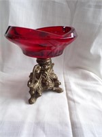 BRASS & RED GLASS FOOTED ASHTRAY