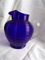 COBALT BLUE PITCHER WITH RINGS, CLEAR HANDLE