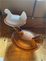 Vintage milk glass hen on a nest and a vintage