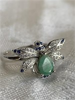 Sterling Silver Bee Ring w/ Emerald Gemstone Sz7